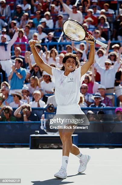 Gabriela Sabatini of Argentina celebrates winning the Women's Singles Final against Steffi Graf at the US Open Tennis Championship on 8 September...