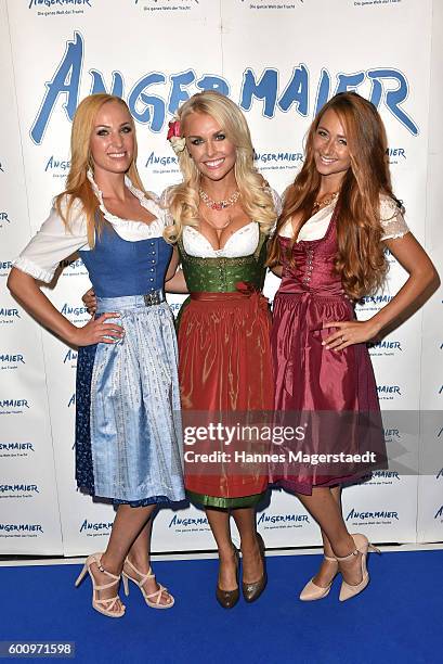 Laura Kaiser, Denise Cotte and Jessica Kuehne during the Angermaier Kicks Off Oktoberfest Season With 'Trachten-Nacht' on September 8, 2016 in...