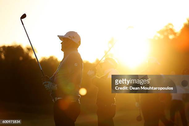 Scott Hend of Australia hits a shot on the practice range before the second round on day two of the KLM Open at The Dutch on September 9, 2016 in...