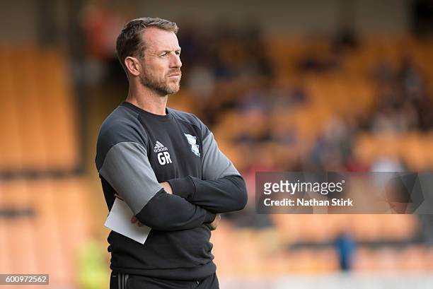 Gary Rowett manager of Birmingham City looks on during the Pre-Season Friendly between Port Vale and Birmingham City at Vale Park on July 27, 2016 in...