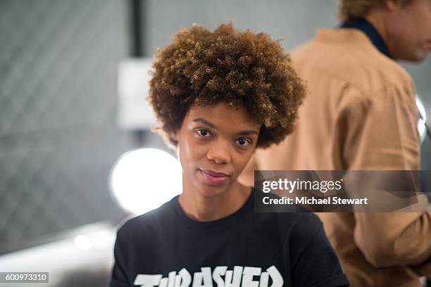 Model prepares before the Desigual fashion show during September 2016 New York Fashion Week at The Arc, Skylight at Moynihan Station on September 8,...
