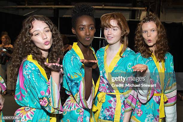 Models prepare before the Desigual fashion show during September 2016 New York Fashion Week at The Arc, Skylight at Moynihan Station on September 8,...
