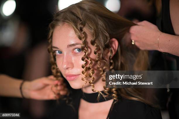 Model prepares before the Desigual fashion show during September 2016 New York Fashion Week at The Arc, Skylight at Moynihan Station on September 8,...
