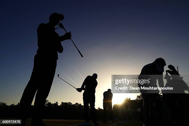 Alvaro Quiros of Spain and Pablo Larrazabal of Spain on the practice range before the second round on day two of the KLM Open at The Dutch on...