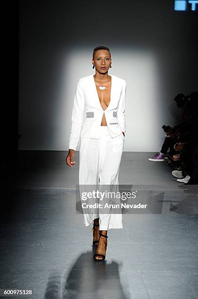 Model walks the runway for Terese Sydonna at the Harlem's Fashion Row fashion show during New York Fashion Week September 2016 at Pier 59 on Thursday...