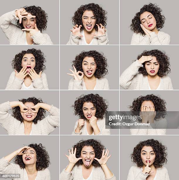 young woman making various facial expressions - conjunto fotografías e imágenes de stock