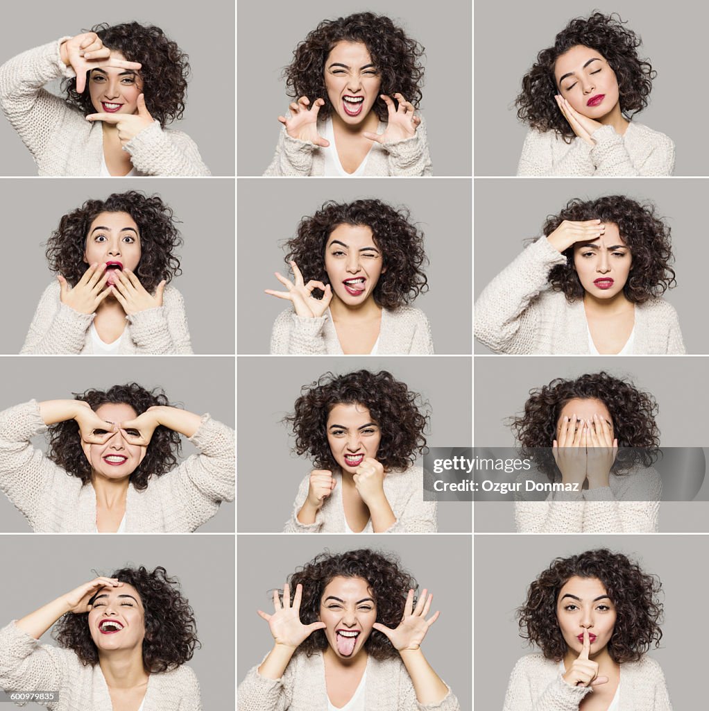 Young woman making various facial expressions