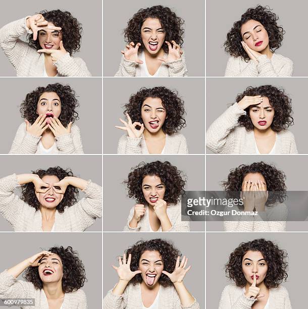 young woman making various facial expressions - multiple images of the same person stock pictures, royalty-free photos & images