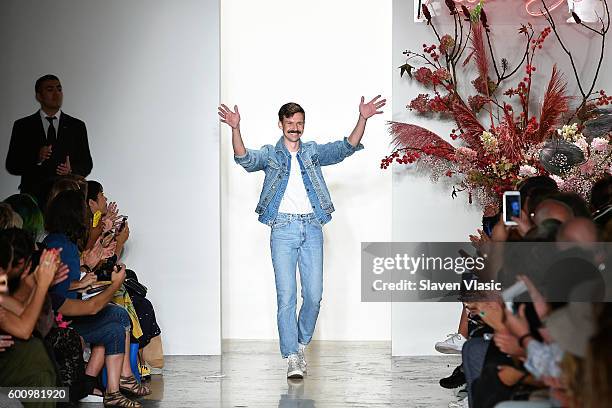 Designer Adam Selman walks the runway at the Adam Selman fashion show during New York Fashion Week September 2016 at Milk Studios on September 8,...