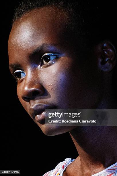 Model is seen backstage ahead the Riani show during the Mercedes-Benz Fashion Week Berlin Spring/Summer 2017 at Erika Hess Eisstadion on June 28,...