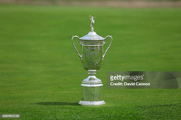 The US Open Trophy during the USGA Media Day at Erin Hills Golf Course the venue for the 2017 US Open Championship on August 29, 2016 in Erin,...