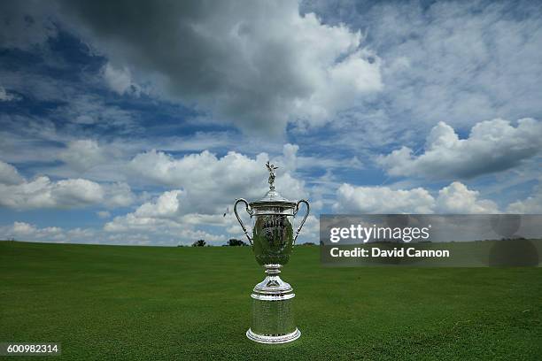 The US Open Trophy on the ninth green during the USGA Media Day at Erin Hills Golf Course the venue for the 2017 US Open Championship on August 29,...