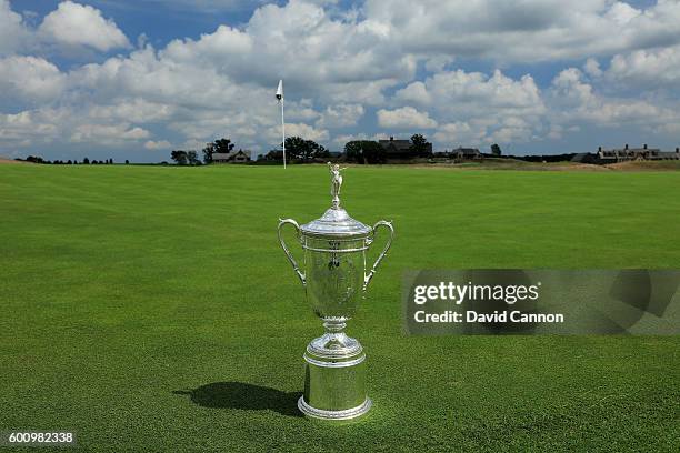 The US Open Trophy on the ninth green during the USGA Media Day at Erin Hills Golf Course the venue for the 2017 US Open Championship on August 29,...