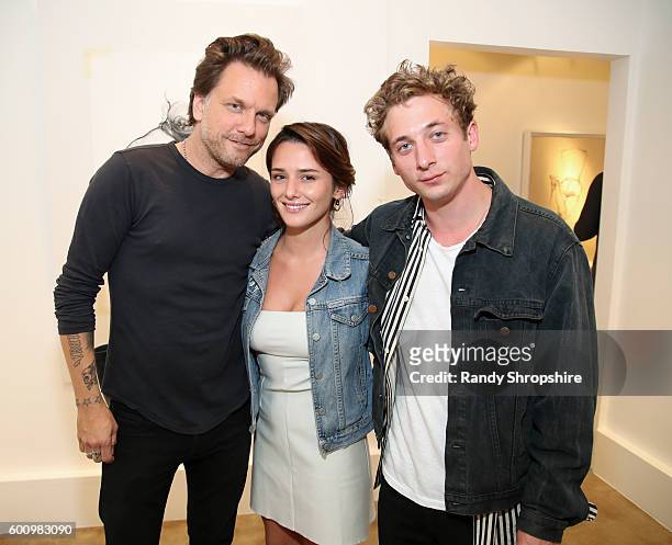 Gallery owner Kelly Cole, actress Addison Timlin and actor Jeremy Allen White attend OTHER Gallery's Los Angeles opening of Lorien Haynes "Have You...