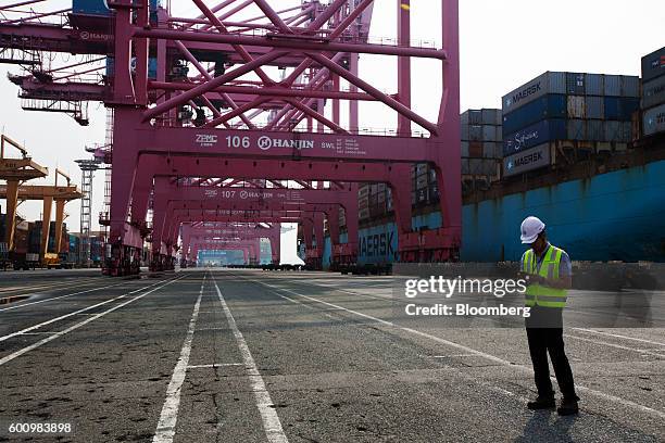 An employee uses a smartphone in front of gantry cranes at the Hanjin Newport Co. Terminal, a unit of Hanjin Group, at Busan New Port in Busan, South...
