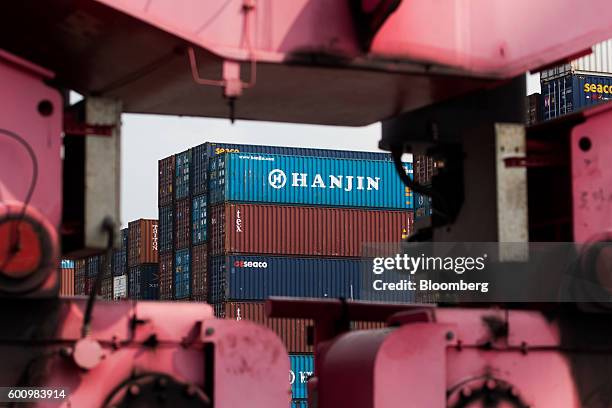 Hanjin Shipping Co. Branded shipping container sits stacked among other containers at the Hanjin Newport Co. Terminal, a unit of Hanjin Group, at...