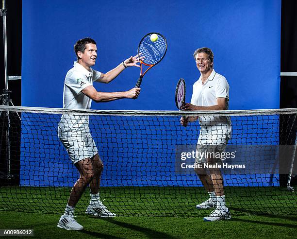 Tennis players and tv presenters Tim Henman and Andrew Castle are photographed for the Daily Mail on June 9, 2016 in London, England.