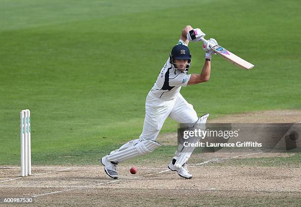 Nick Compton of Middlesex hits out during Day 4 of the LV County Championship match between Nottinghamshire and Middlesex at Trent Bridge on...