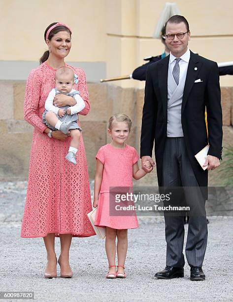 Crown Princess Victoria of Sweden and Prince Daniel of Sweden, with their children Prince Oscar and Princess Estelle of Sweden attend the christening...