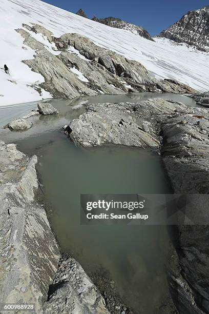 Water from melting ice stands near a lower section of the Outer Mullwitzkees glacier on September 8, 2016 near Hinterbichl, Austria. A team from the...