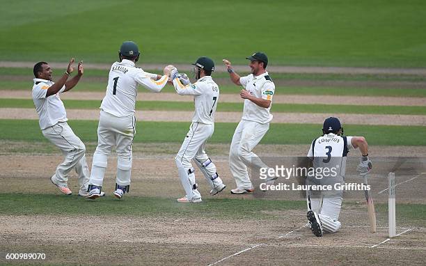 Nick Compton of Middlesex shows his dissapointment after being run out by Jake Libby of Nottinghamshire for 63 runs during Day 4 of the LV County...