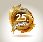 25th anniversary ribbon logo with golden circle and graphic elements