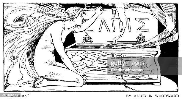 stockillustraties, clipart, cartoons en iconen met pandora opening the box - victorian illustration - greek mythology