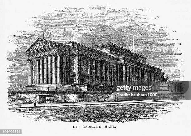 st. george’s hall liverpool, england victorian engraving, 1840 - outside courthouse stock illustrations