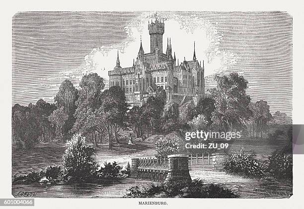 marienburg castle in lower saxony, germany, wood engraving, published 1877 - george v of great britain stock illustrations