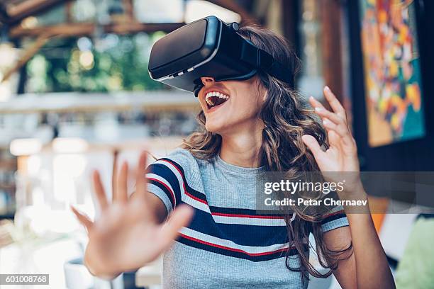 fun with virtual reality headset - flying goggles stock pictures, royalty-free photos & images