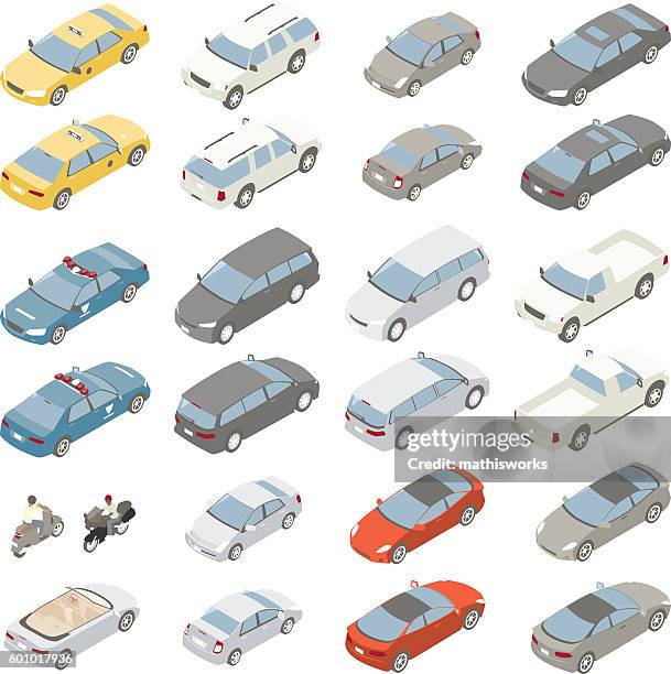 flat isometric cars - people carrier stock illustrations