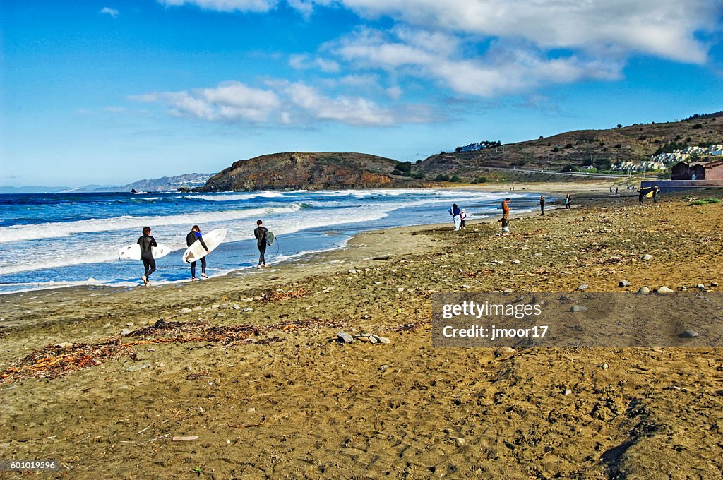 Surfers and Families visit Rockaway Beach near Pacifica