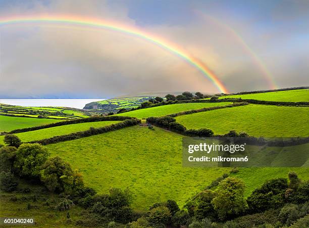 double rainbow landscape in dingle peninsula scenery. - lumen field fotografías e imágenes de stock