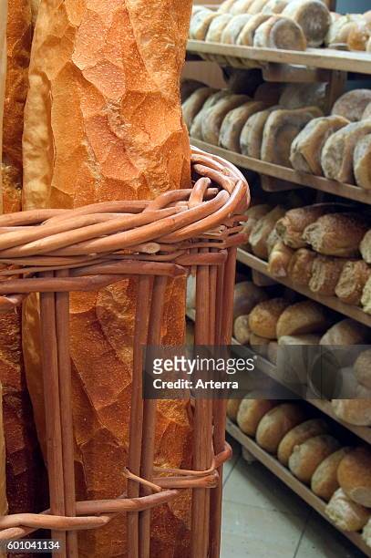 Baguettes and shelves with loaves of fresh baked bread on display in bakery shop.