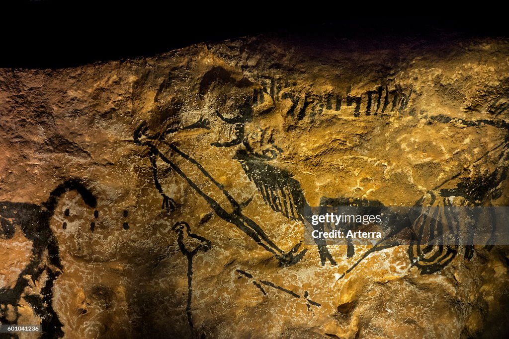 Replica of part of the Lascaux cave showing prehistoric man and bison at the Le Thot museum