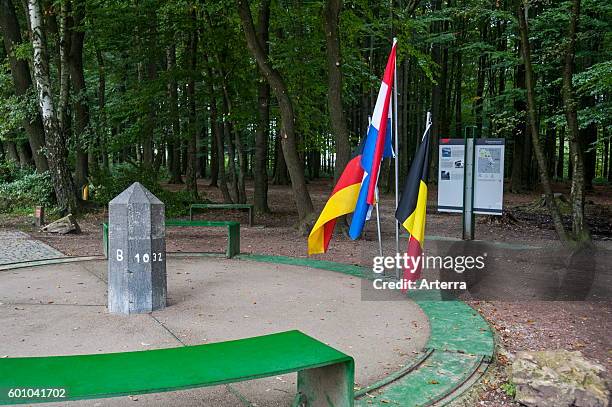 Stone boundary marker on the tripoint of Germany / Netherlands / Belgium at the Vaalserberg, Vaals, the Netherlands.