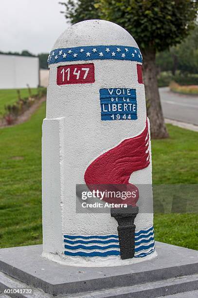 Last stone marker of the Route of Liberty near the World War Two Mardasson Monument at Bastogne in the Belgian Ardennes, Belgium.
