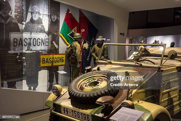 German Volkswagen Kubelwagen type 82 in the Bastogne War Museum devoted to the Second World War Two Battle of the Bulge in the Belgian Ardennes,...