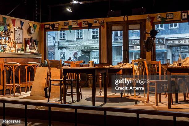Three-dimensional scene of cafe in the Bastogne War Museum devoted to the Second World War Two Battle of the Bulge in the Belgian Ardennes, Belgium.