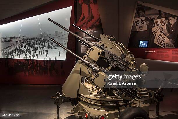 American M45 Quadmount Anti-Aircraft Gun in the Bastogne War Museum devoted to the Second World War Two Battle of the Bulge in the Belgian Ardennes,...