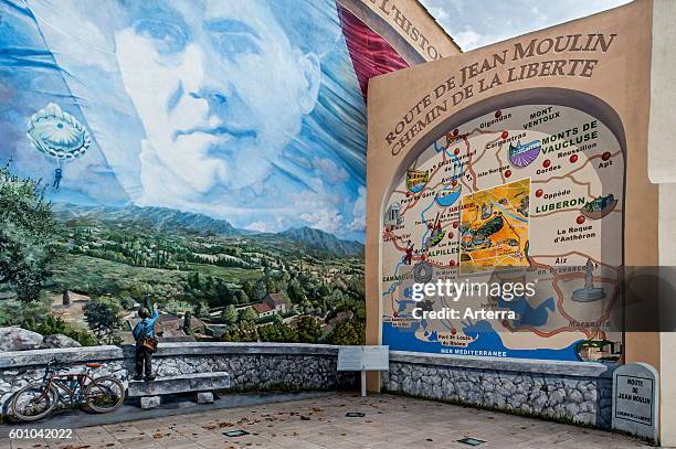 Mural about the French World War Two resistance fighter Jean Moulin at Saint-Andiol, Bouches-du-Rhone, France.