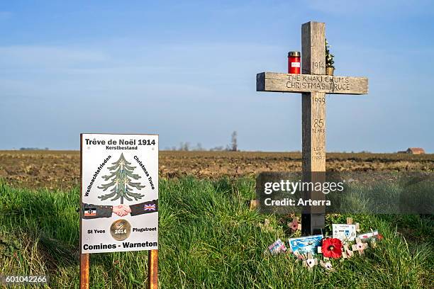 World War One Khaki Chums Cross monument to Christmas Truce football match played between English and German troops in the No Man's Land of...