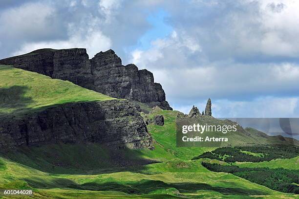 The rock pinnacle Old Man of Storr / Bodach an Stoir, Trotternish peninsula on the Isle of Skye, Inner Hebrides, Scotland, UK .