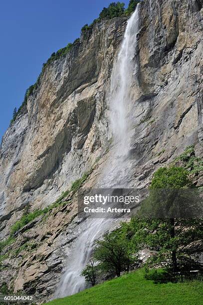The 300m high Staubbach Falls at Lauterbrunnen in the Bernese Oberland, Swiss Alps, Switzerland.