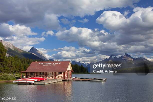 Boathouse with canoes at Maligne Lake, Jasper National Park, Alberta, Canadian Rockies, Canada.