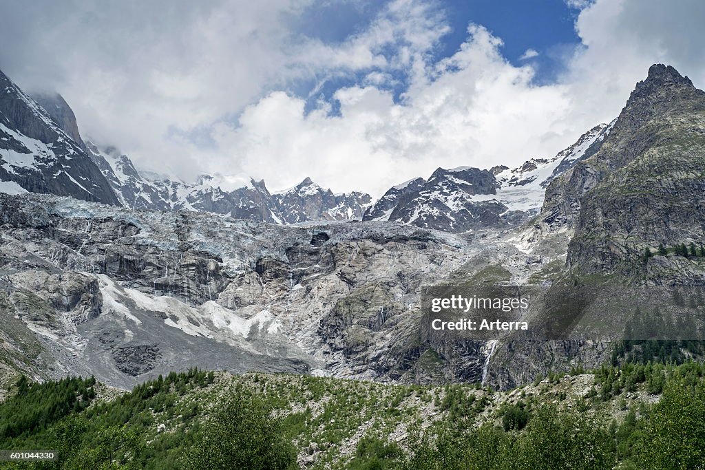 Retreating glacier in the Mount Blanc massif seen from the Val Veny valley