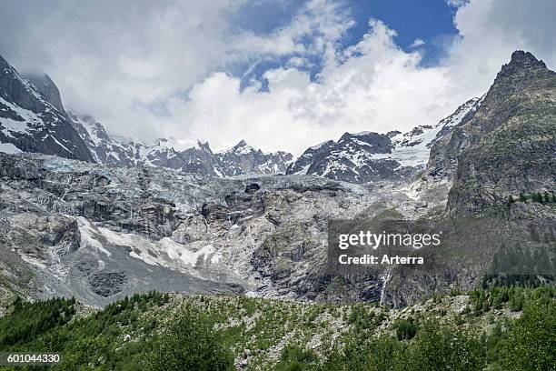 Retreating glacier in the Mount Blanc massif seen from the Val Veny valley, Graian Alps, Italy.
