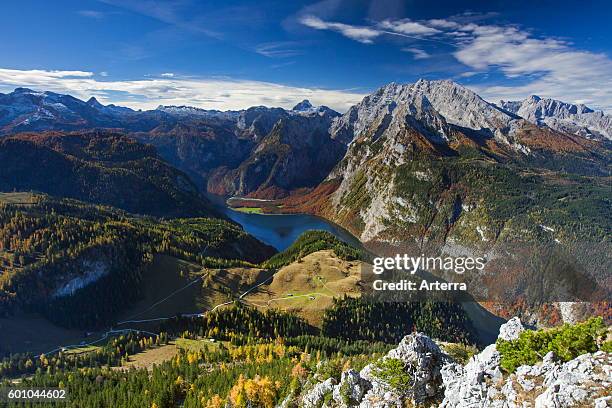 Aerial view over lake Konigssee and the Watzmann massif from the mountain Jenner in autumn, Berchtesgaden National Park, Bavarian Alps, Bavaria,...