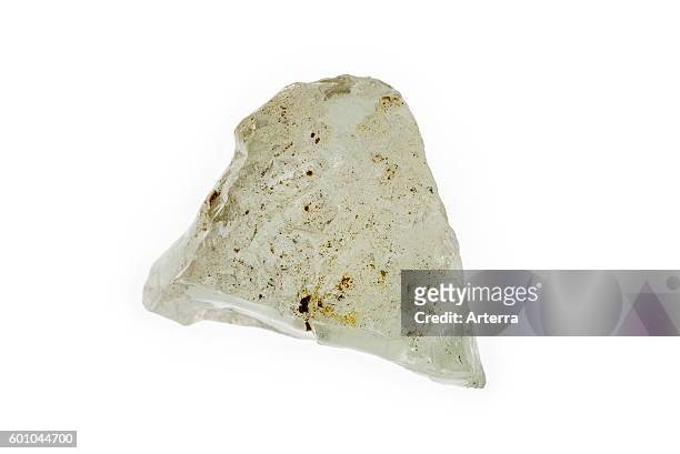 Beryl specimen, mineral composed of beryllium aluminium cyclosilicate on white background.