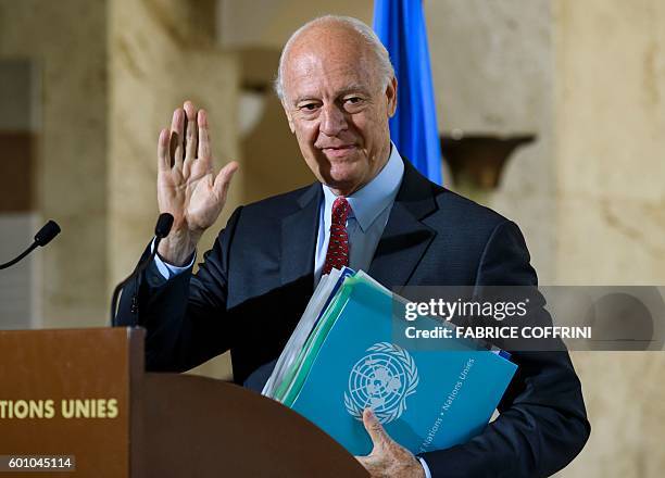 Special Envoy for Syria Staffan de Mistura gestures during a press briefing following a meeting of the International Syria Support Group's...